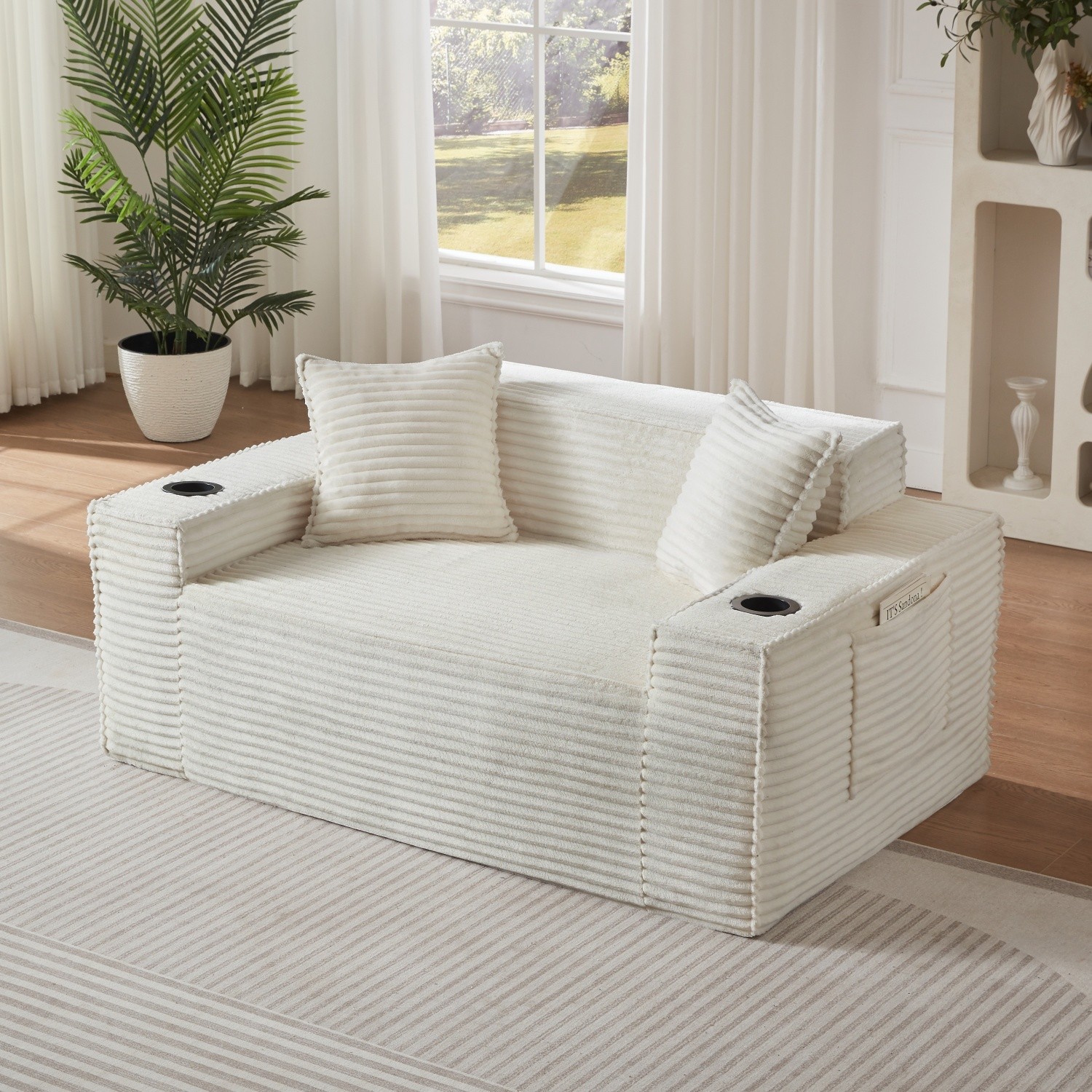 No Assembly Floor Loveseat 2-Seater Corduroy Sofa w/ Cup Holders for Apartments