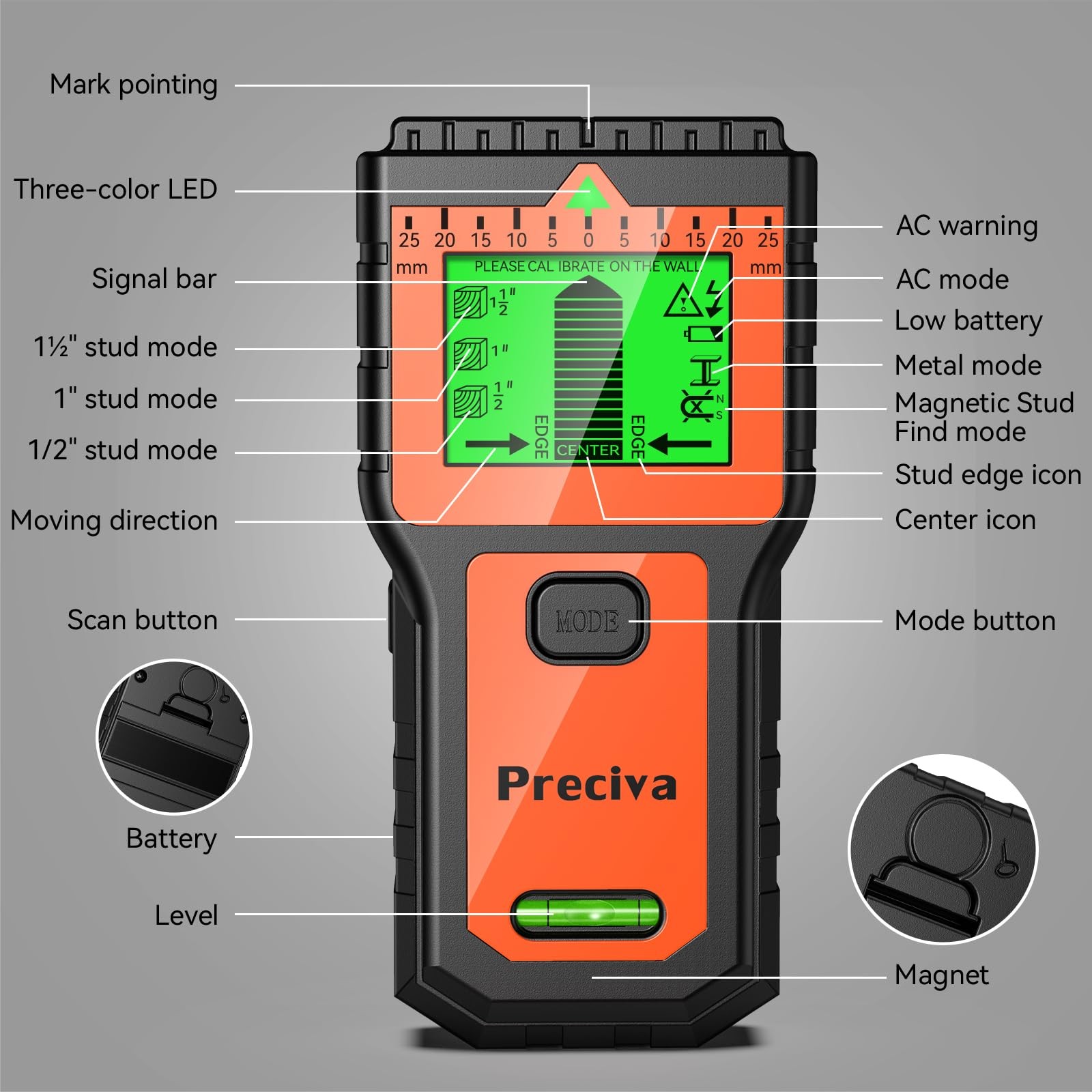 Stud Finder Wall Scanner8 In 1 Multifunctional Wall Detector With 6 Modes & 2 Fu