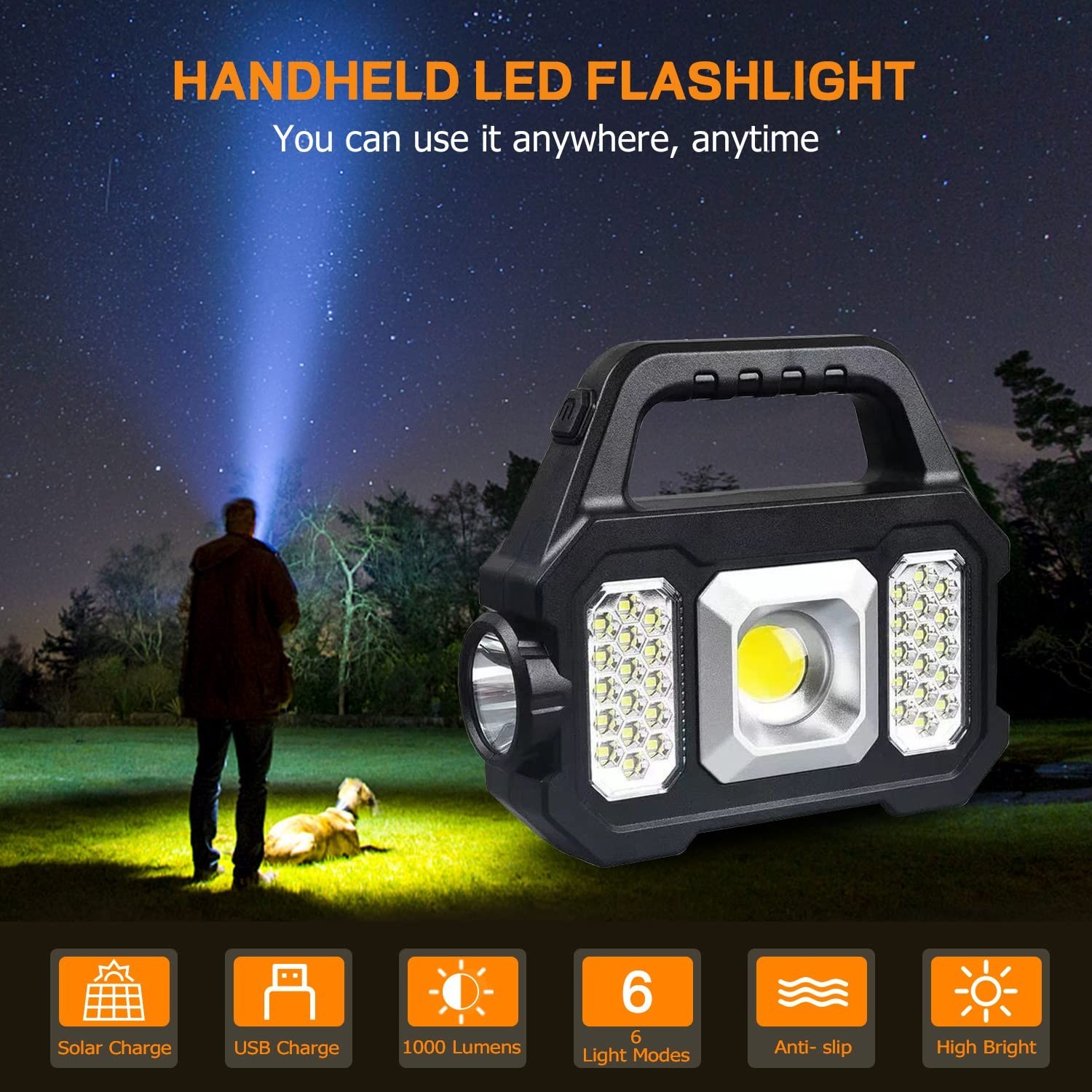 Solar Handheld Flashlight, 1000 Lumens Solar or USB Charging Handheld Flashli...