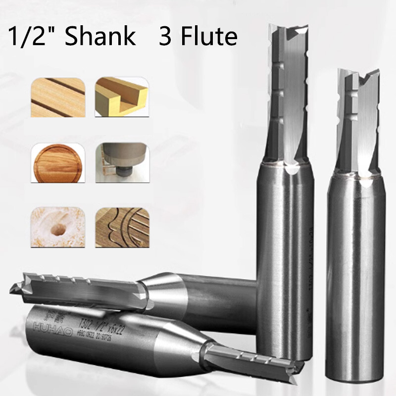 TCT 3 Flute Flush Trim Router Bit Cutter Straight Slot 1/2" Woodworking Cutter