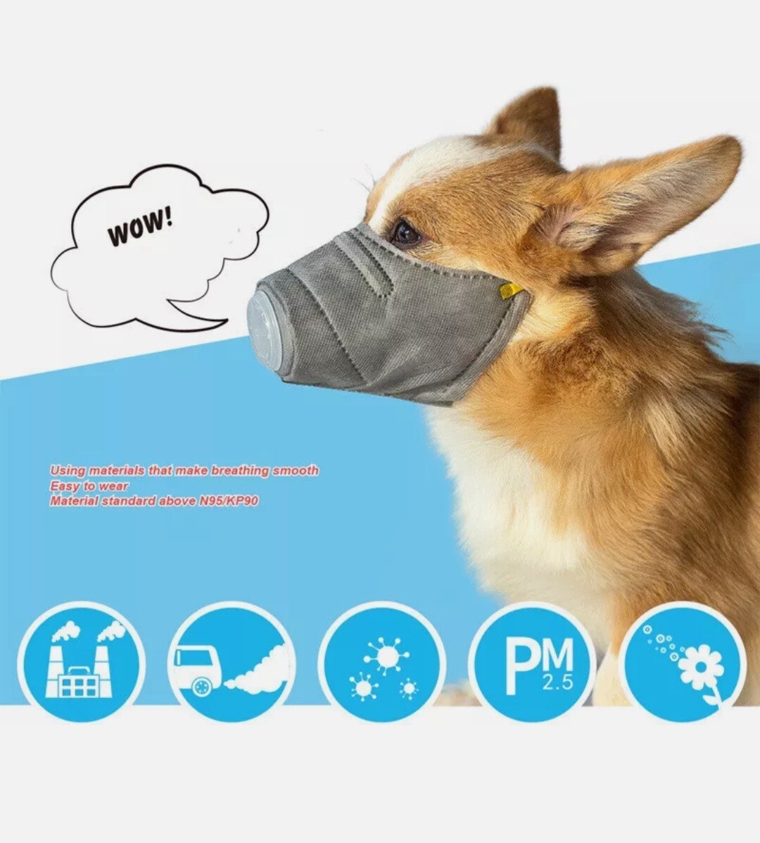 3PCS Anti-fog Haze Pet Dog Mask Outdoor Gray 4 Layers Mouth Mask Anti Dust Gas