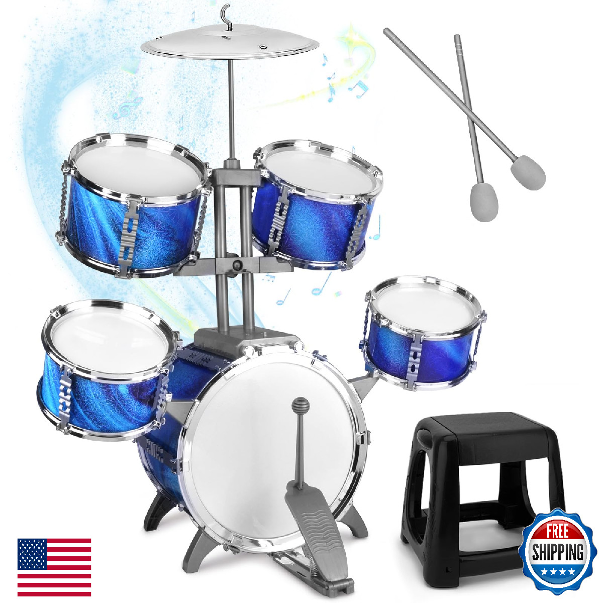 Kids Jazz Drum Set w/ Stool & Sticks Toy for Toddlers Ages 3-7 Boy/Girl