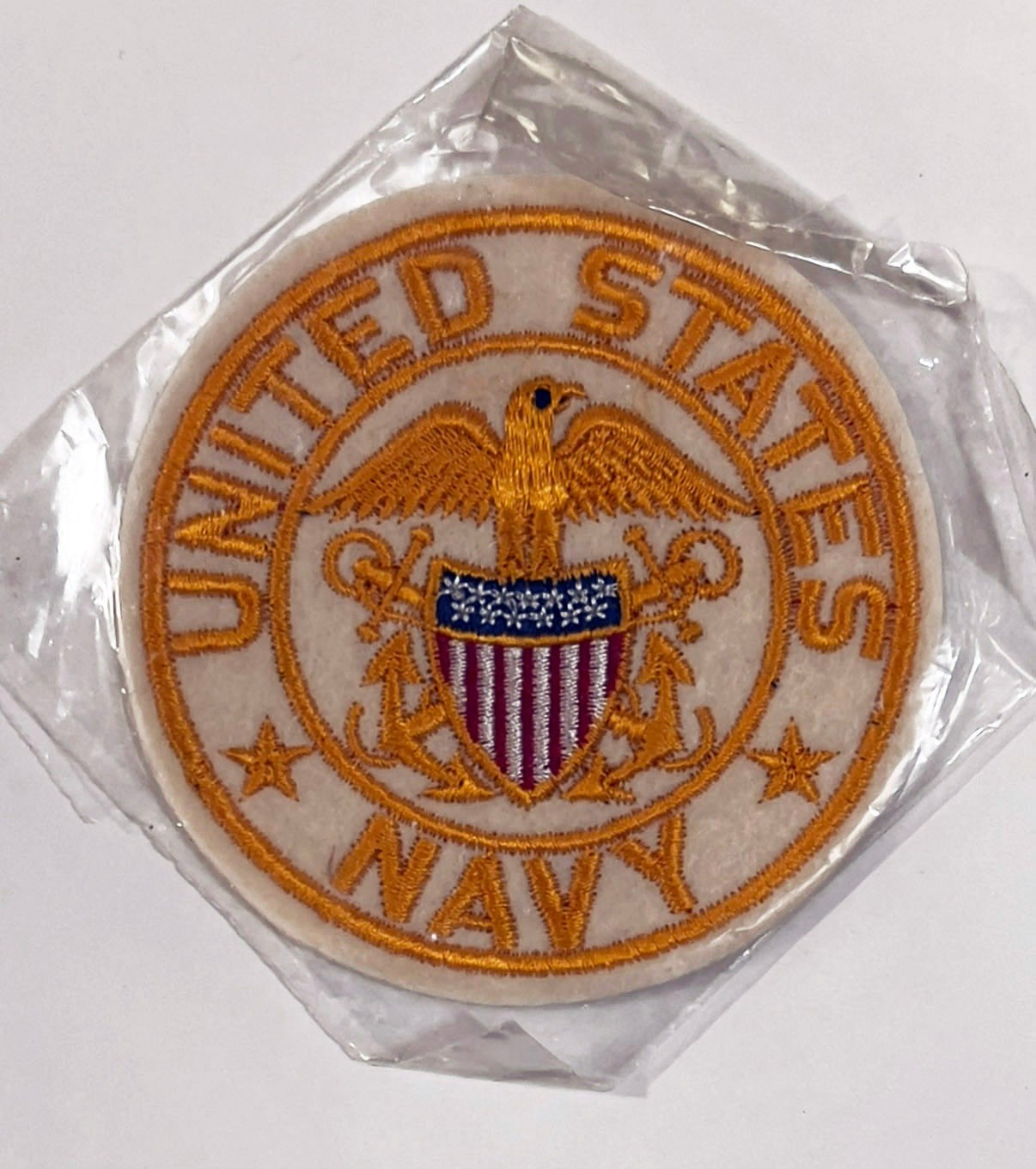 U.S. Navy Eagle & Shield Embroidered 4-inch Round, Sew-on, Off-White Wool Patch