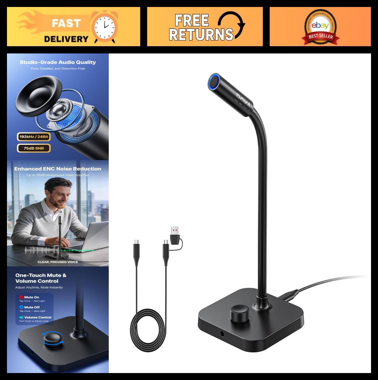 USB Gooseneck Microphone for PC, Laptop, Mac & Phones | Noise Cancellation, Adju