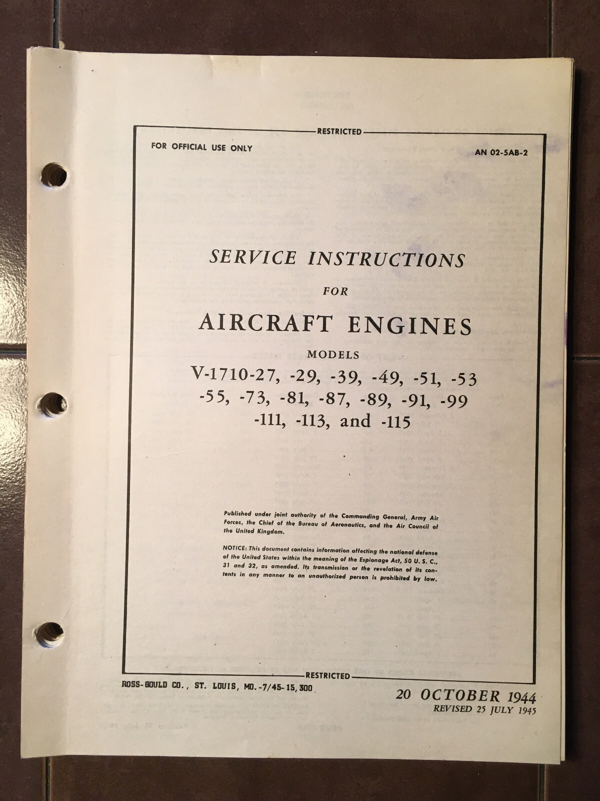 Original 1944 GM Allison V-1710-27 Series Engine Service Manual