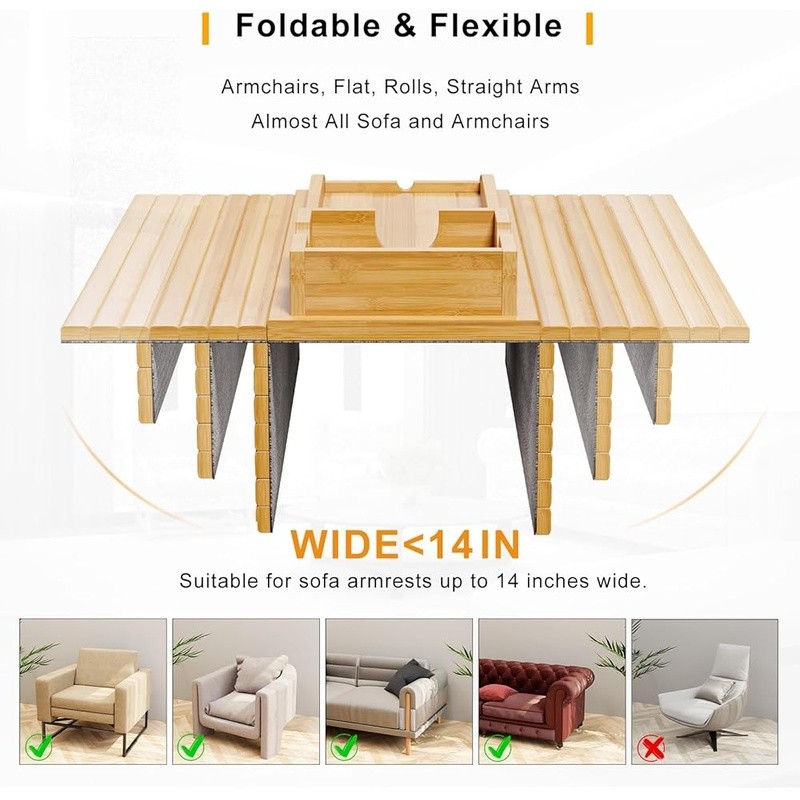 Bamboo Sofa Armrest Tray 2 in 1 Detachable Cup Holder Non-Slip Couch Organizer