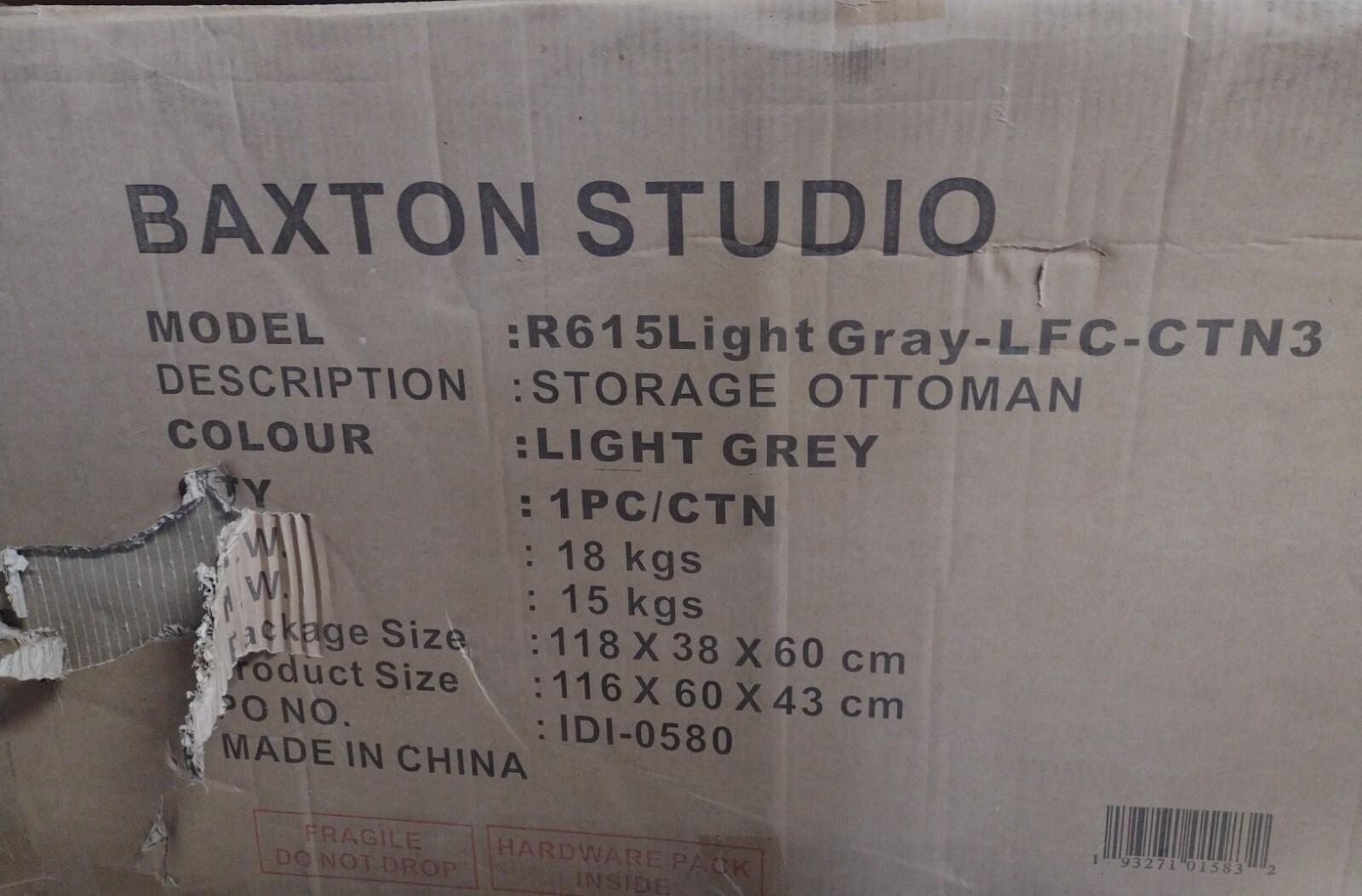 Baxton Studio Modern Storage Sofa Ottoman for NOA R615 Sectional Light Grey 45”