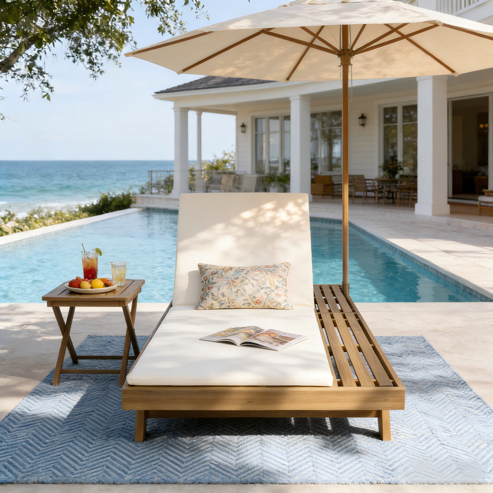 Acacia Wood Chaise Lounge Set w/ Adjustable Recliner & Water-Resistant Cushions