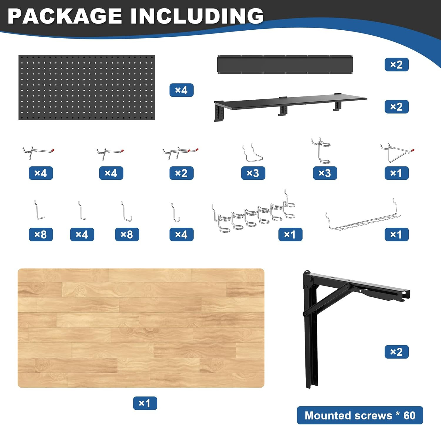 Folding Wall Mounted Workbench with Pegboard Organizer for Garage & Workshop