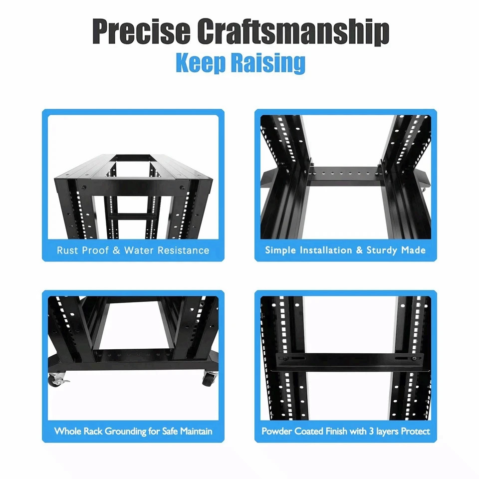 15U 4 Post Open Frame 19" Server Steel Rack 24" Deep With Supporting rails