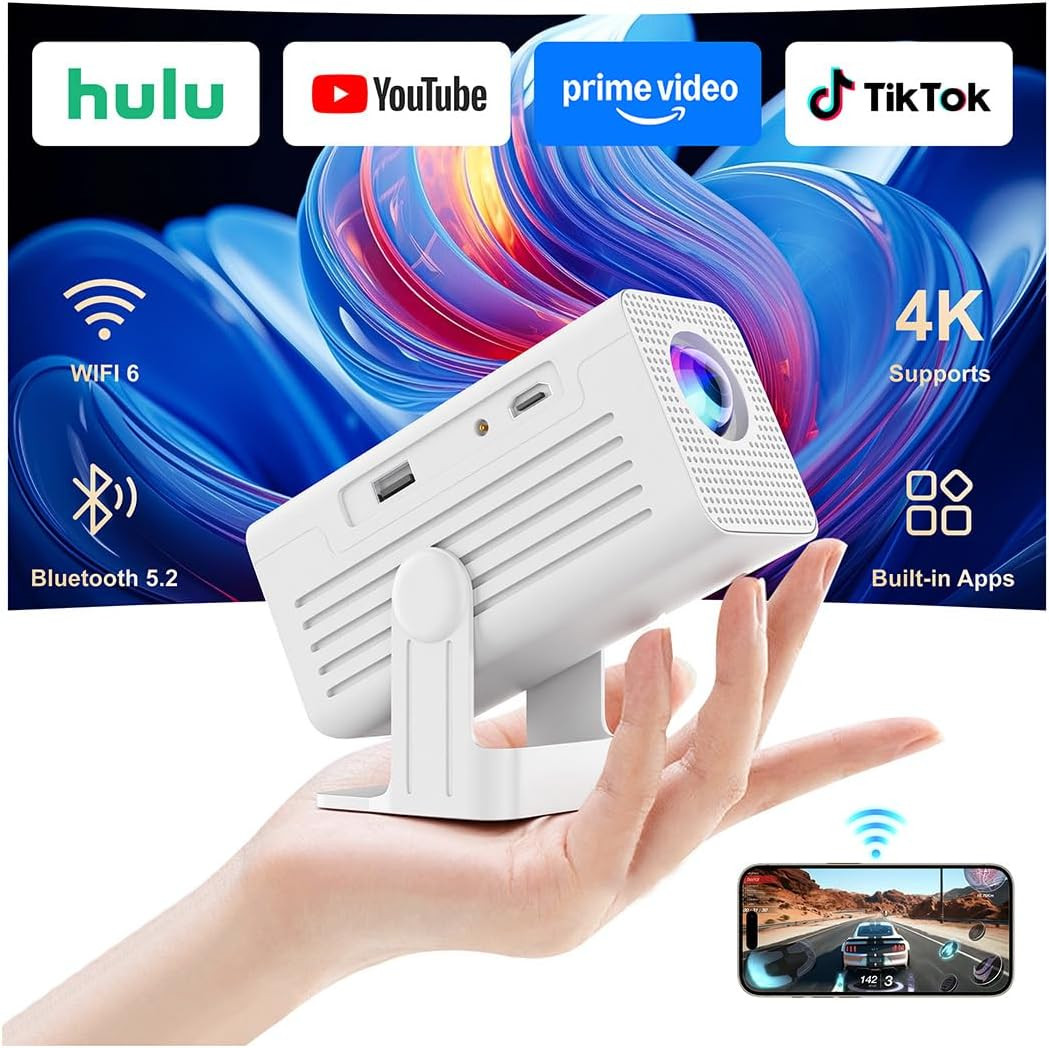 [Smart Projector with Apps] 4K Supported Mini Projector with Wifi and Bluetooth,