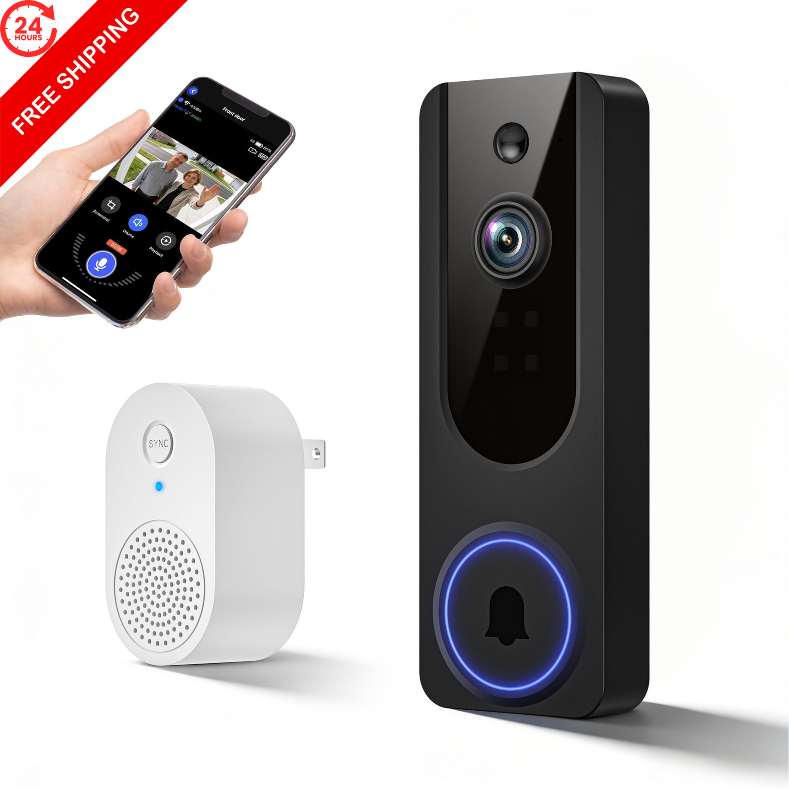 Cookedixo 1080P Video Doorbell Camera Wireless, Battery Powered, Night Black