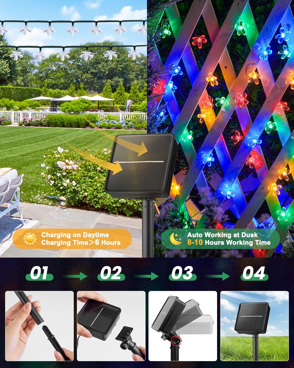 Brightown 60 LED Flower Solar String Lights Outdoor 1 Pack, Multicolor