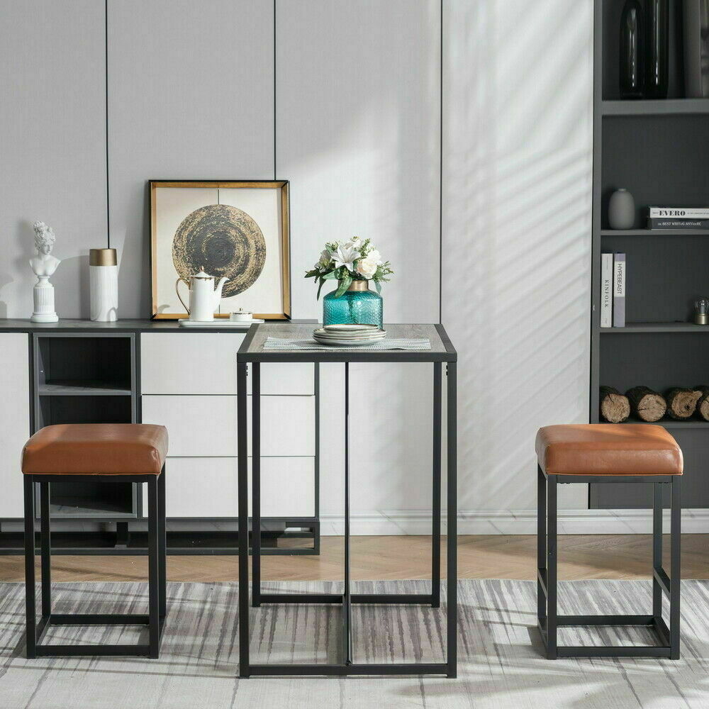 US 3Pcs Pub Rectangle Dining Set Wood Dining Table+2 Leather Cushioned Bar Chair