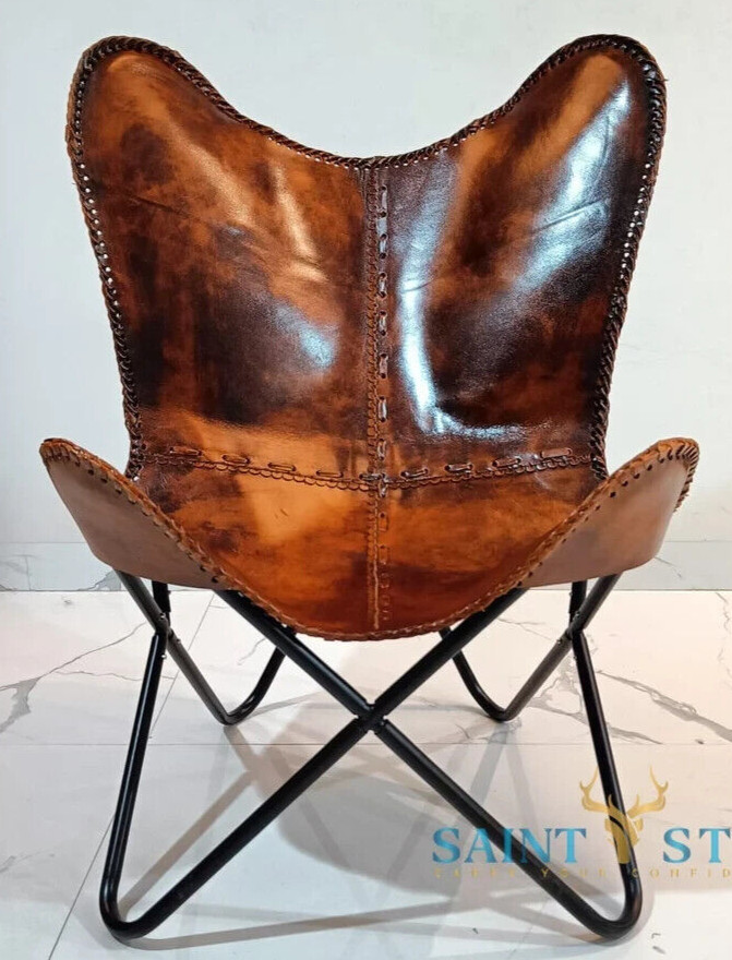 Authentic Leather Butterfly Chair  Handmade Vintage Accent Furniture