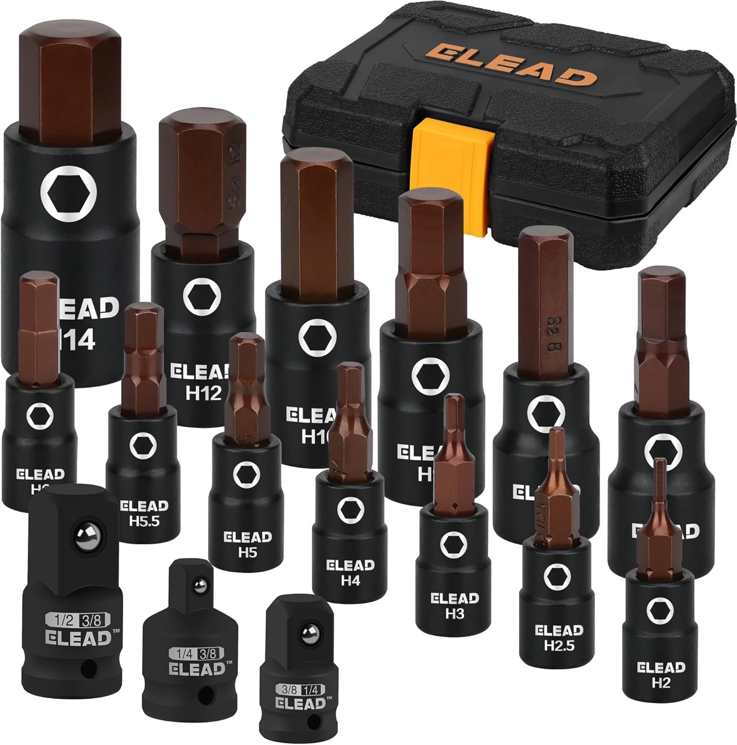 16PC Metric Hex Bit Allen Socket Set- S2 Steel 2mm-14mm w/ Socket Adapters
