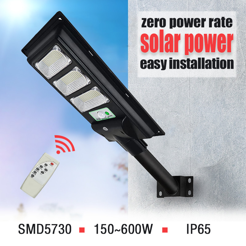 LED Solar Power Street Lamp Cool White 150-600W Remote+Pole Radar Sensor Pathway