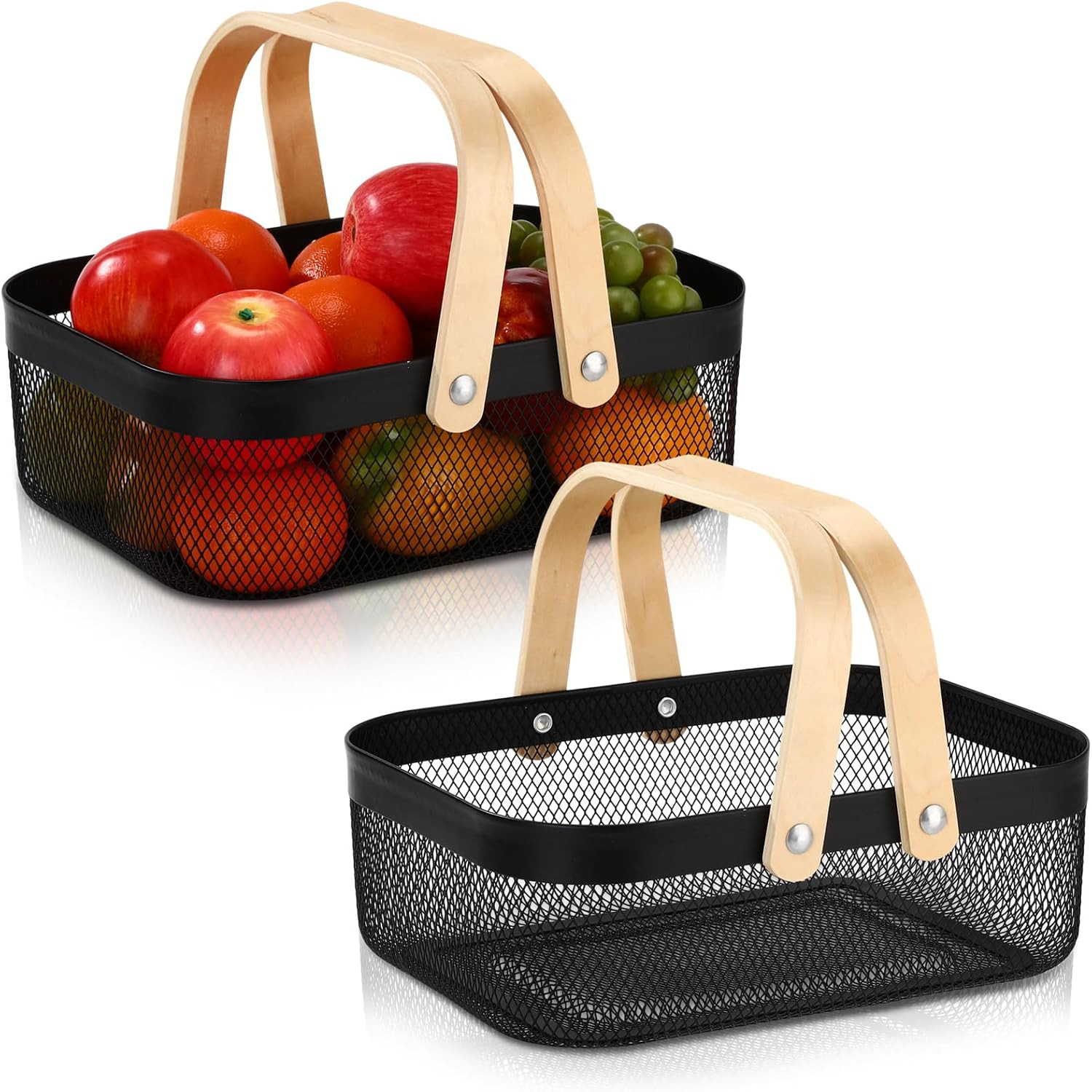 2 Pcs Black Metal Wire Storage Basket with Handle Mesh Harvest Durable Vegetable
