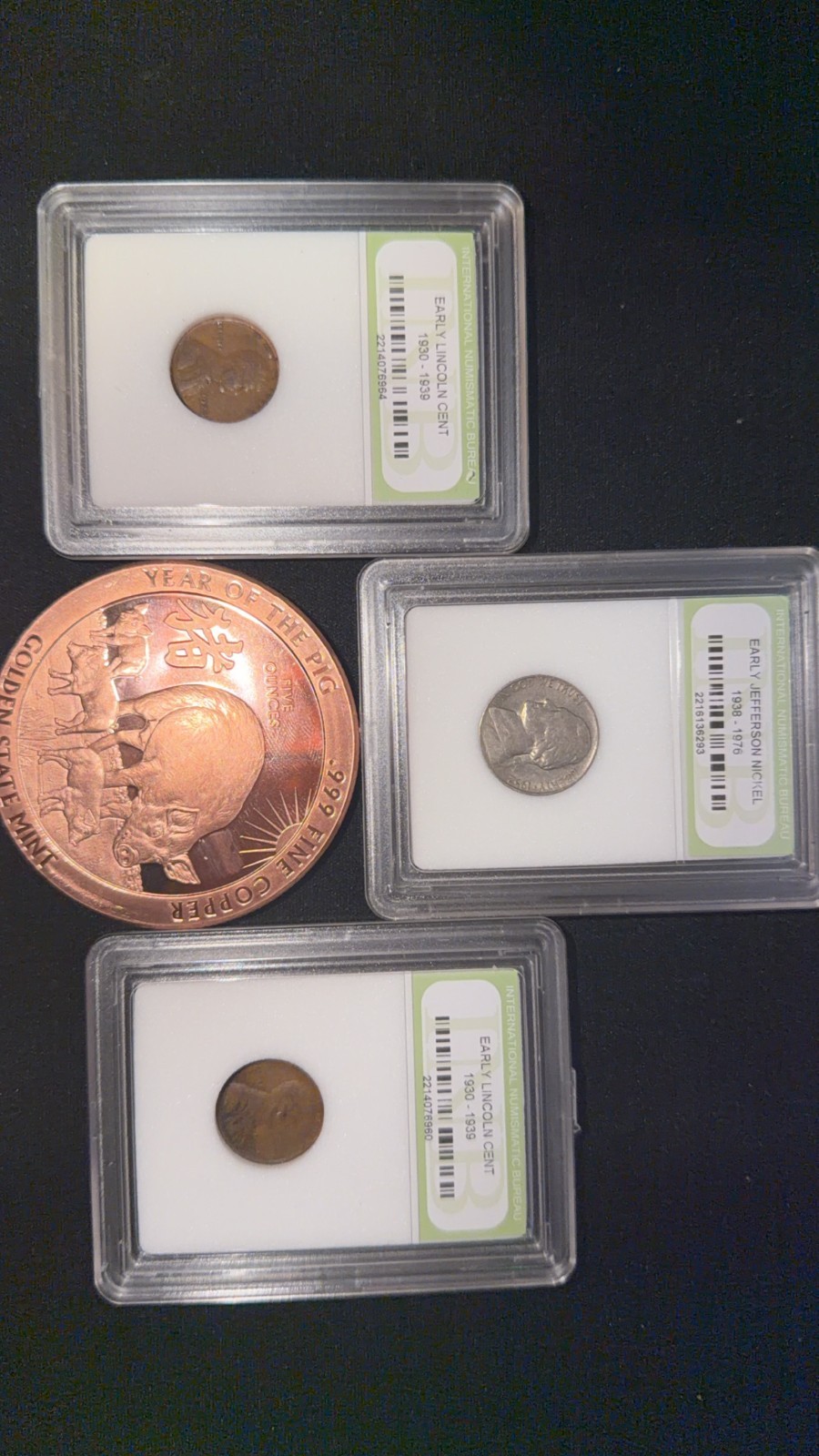 5oz Copper Round Pig Design+3 Slabbed Early Date US Coins Lot.