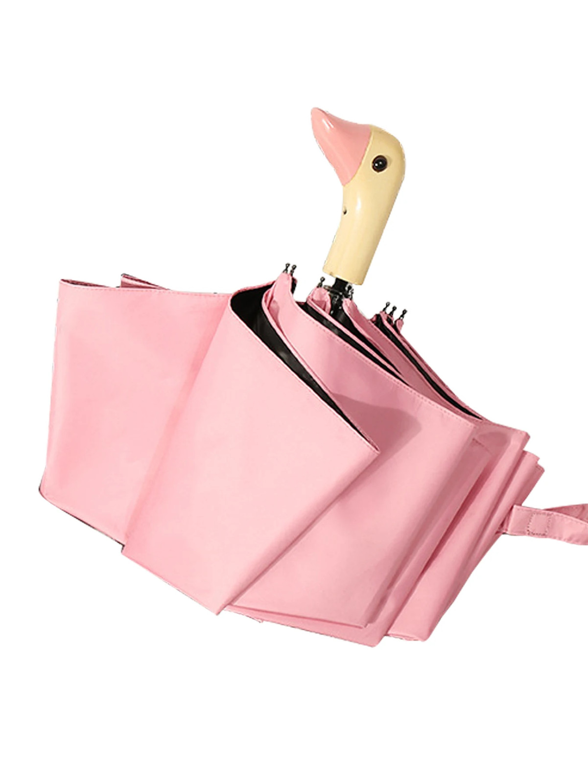 Cute Duck Wooden Handle Umbrellas Folding Automatic Anti-UV Windproof Black Coat