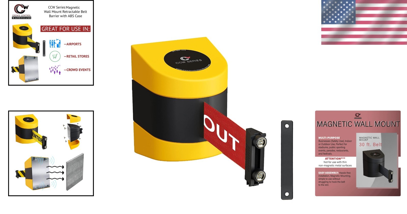 Wall Mounted 30ft Retractable Belt Barrier - Red with White Warning