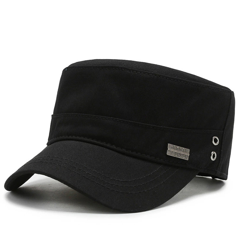 Black - Army, Military Flat Cadet Top Hat, Cotton Military Washed Adjustable Cap