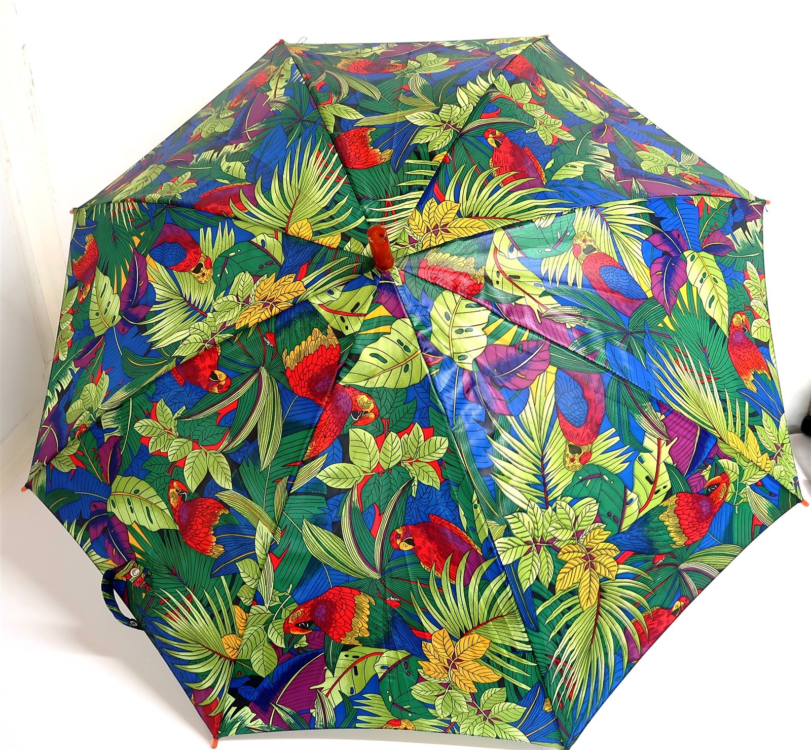 Vintage SHAW Umbrella with Tropical Parrot Bird Design 1 Button Works 30" Long