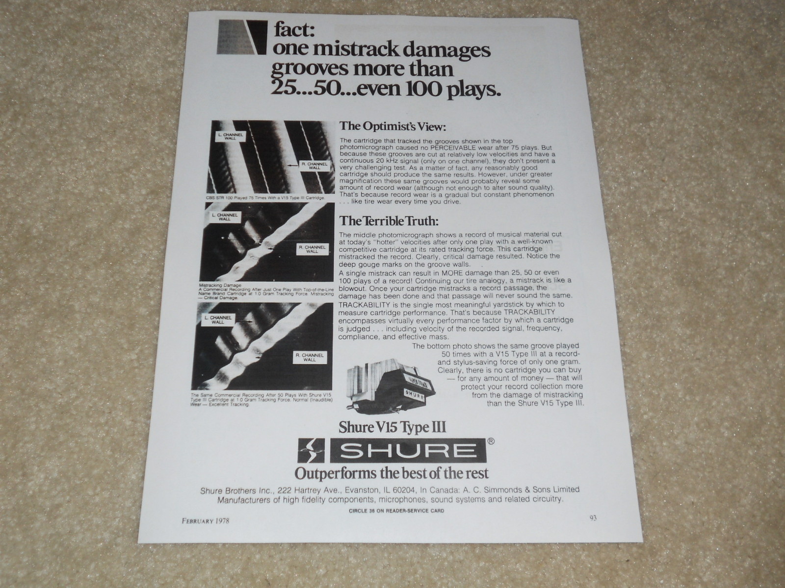 Shure V15 Type III Ad, 1 Page, Article, Specs, Info, Rare 1978 Advertisement