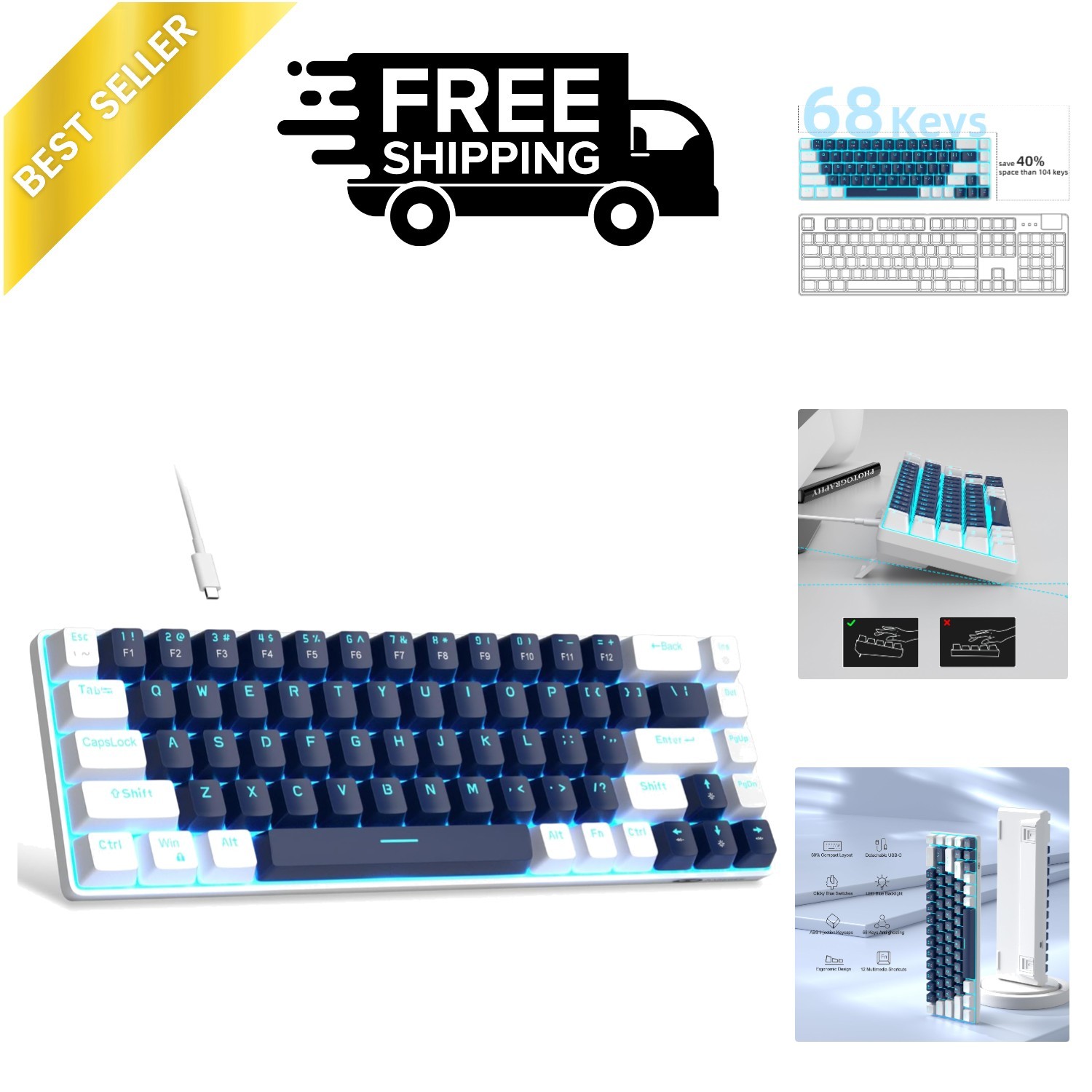 68 Keys Ergonomic Mechanical Keyboard with Blue Switch - Ideal for Gaming