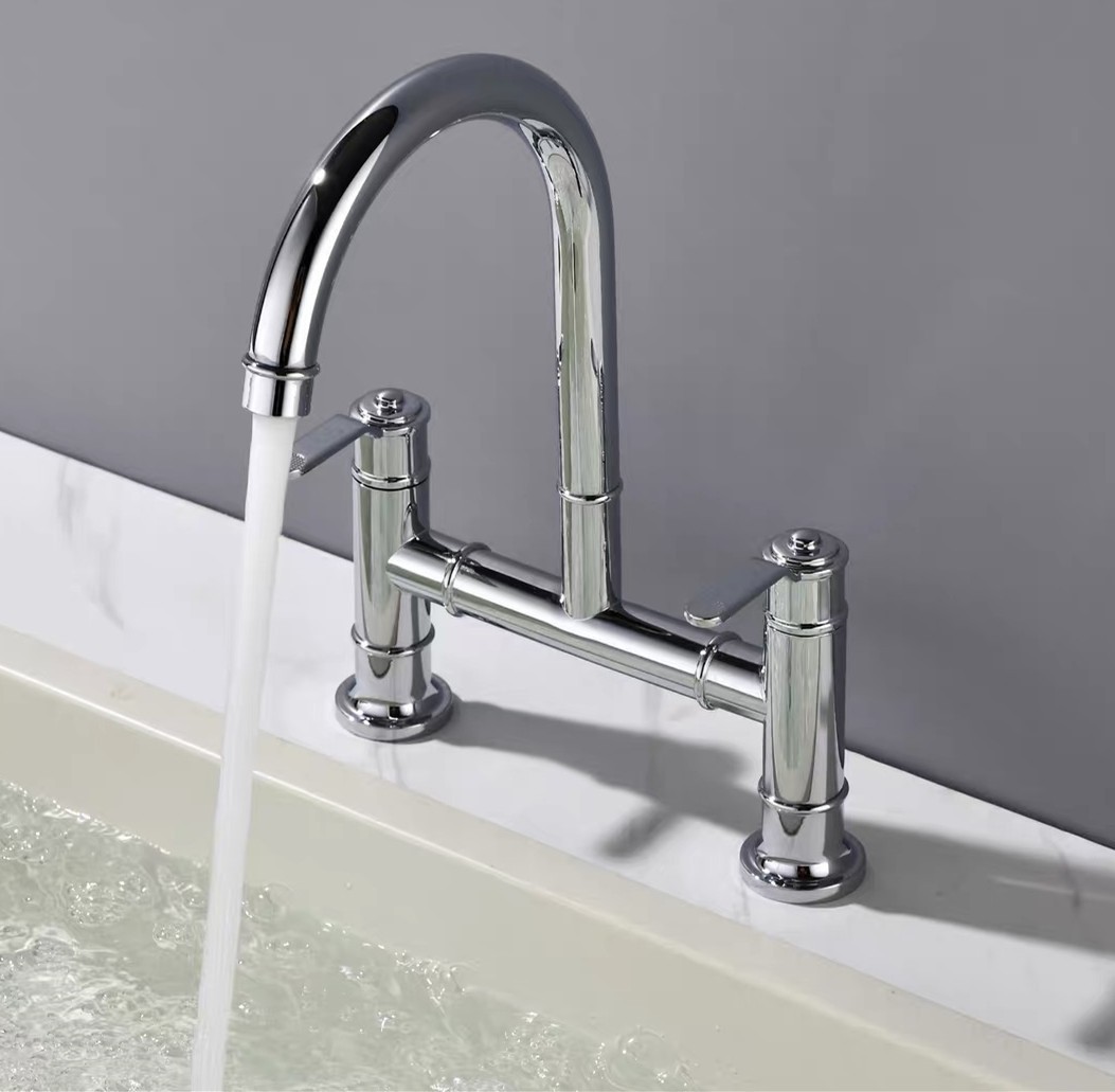 Brass Chrome Kitchen Faucet Double Handles Sink Mixer Tap Two Holes Deck Mounted