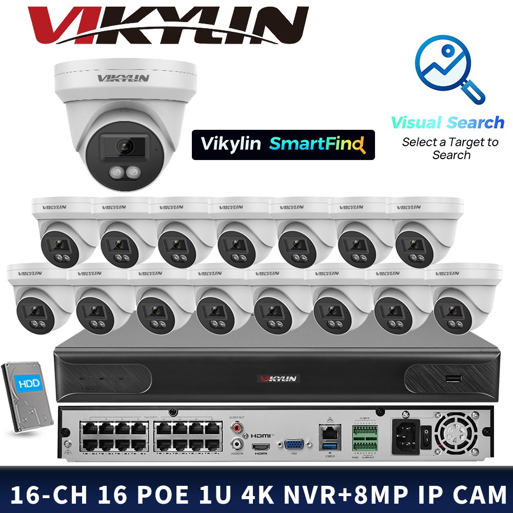 Vikylin SmartFind 16POE 16CH NVR System Mini IR MIC 8MP Surveillance Camera Lot