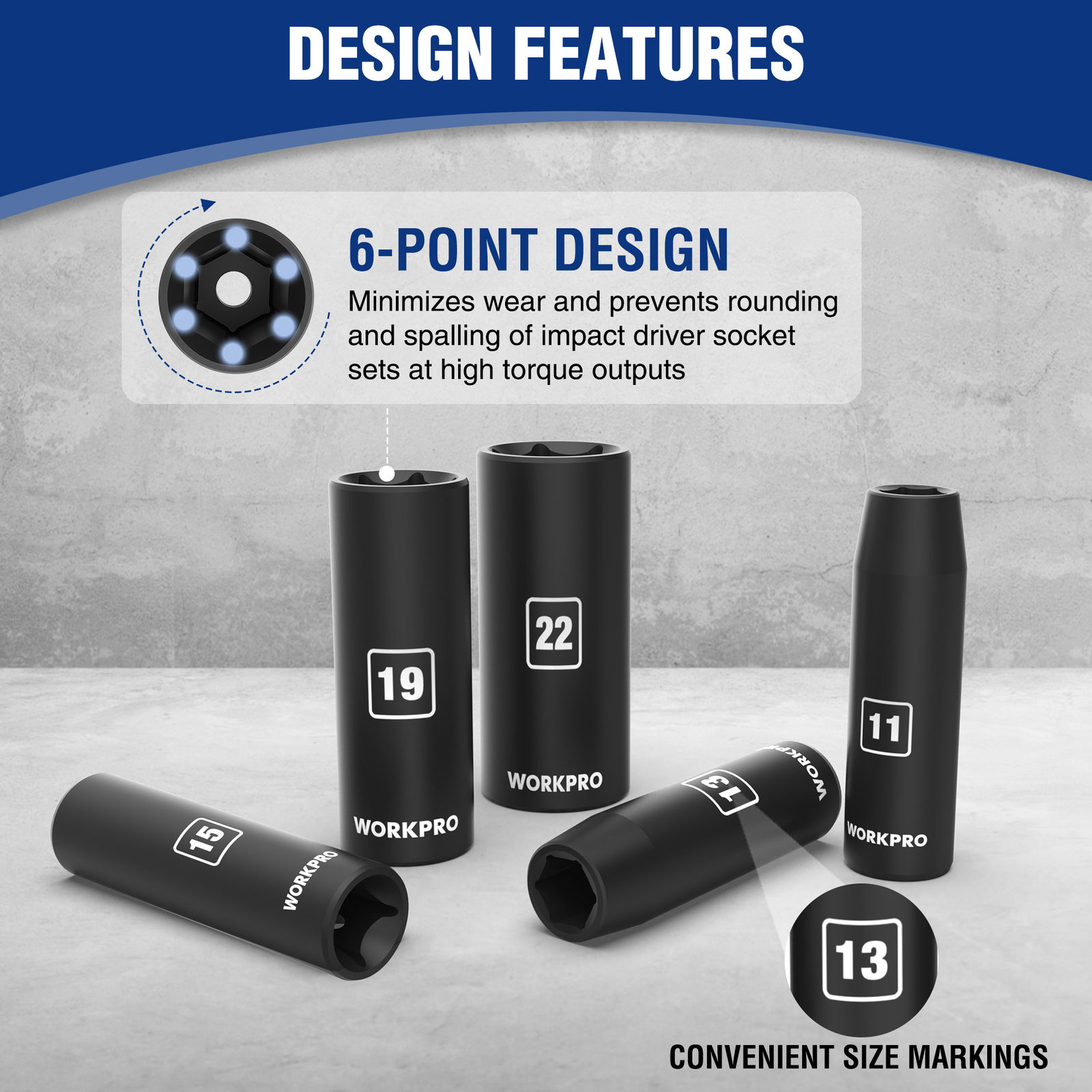 WORKPRO 1/2''Drive Deep Impact Socket Set 6-Point Impact Deep w/Storage Case14pc