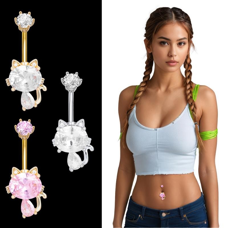 Fashion Cute Cat Belly Button Ring Shiny Zircon Navel Piercing Ring Body Jewelry