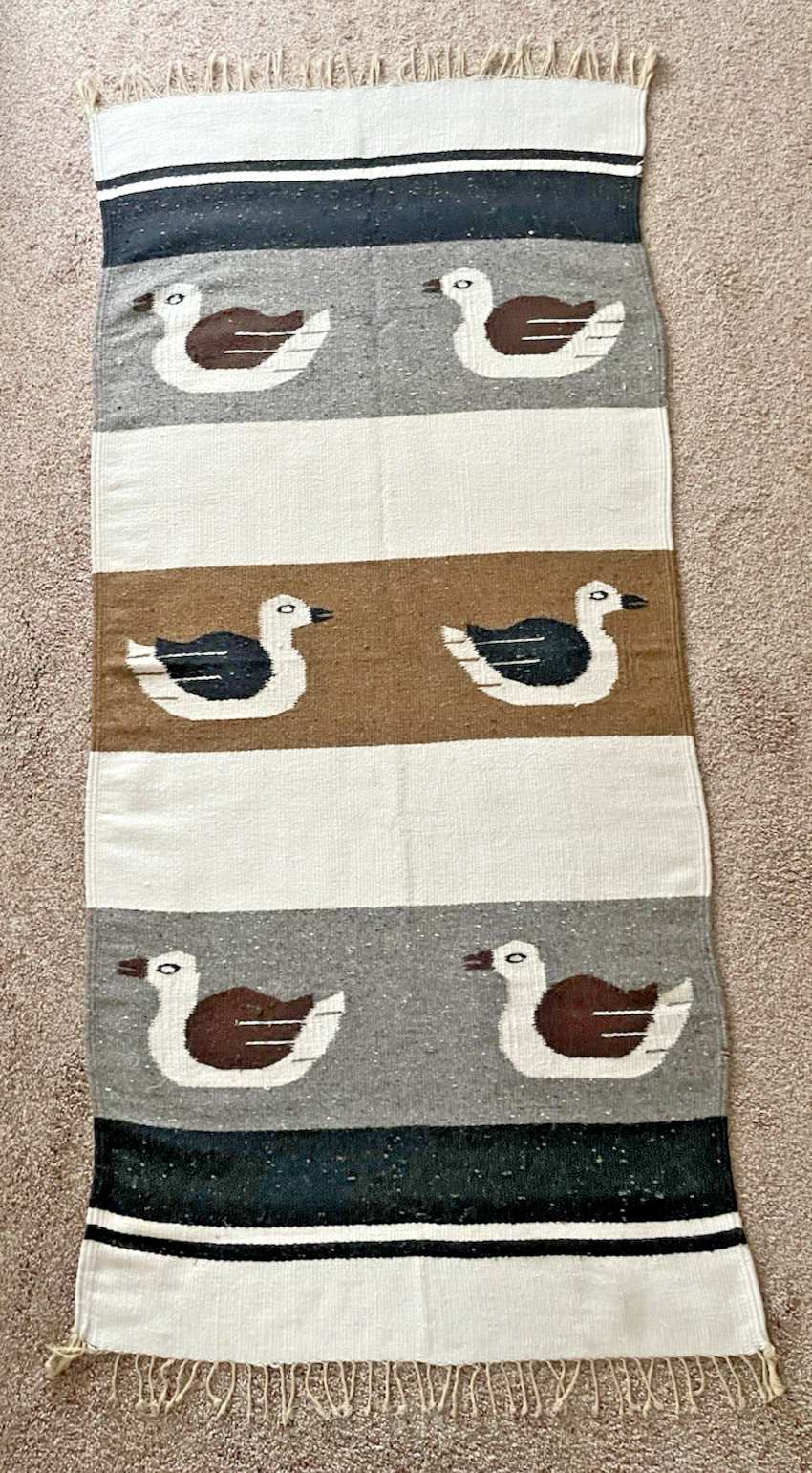 Handwoven Wall Hanging Rug Birds Ducks Folk Art South American 27.5 x 60" Fringe