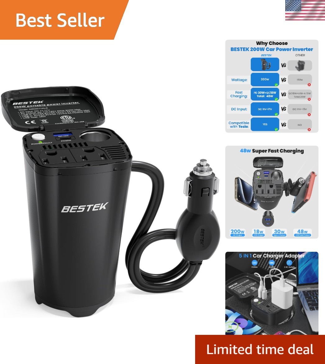 200W DC to AC Power Inverter with USB Fast Charger - Lightweight & Eco-Friendly