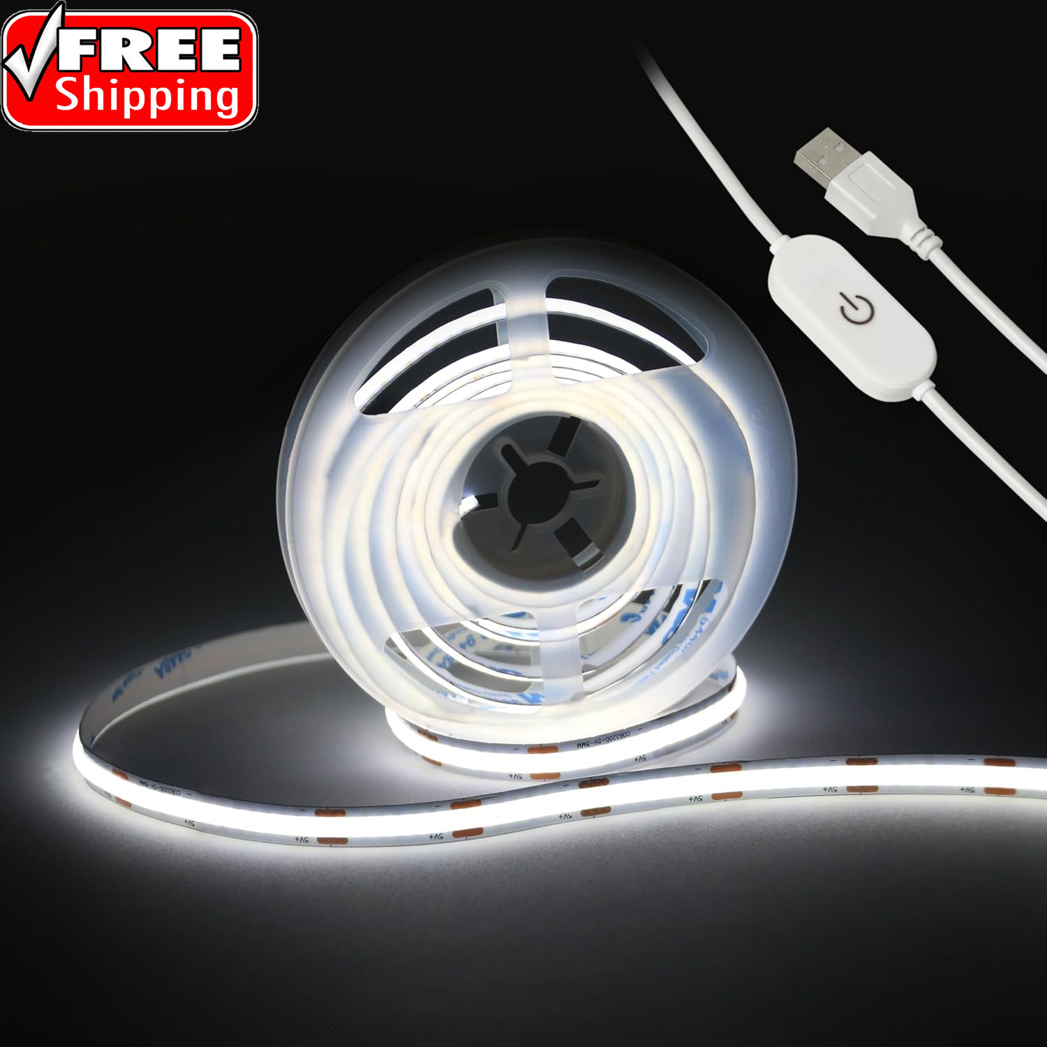 LED Strip Lights, USB COB Touch Dimmable 6000K White(6.56Ft/2M) | 640 Leds, USB