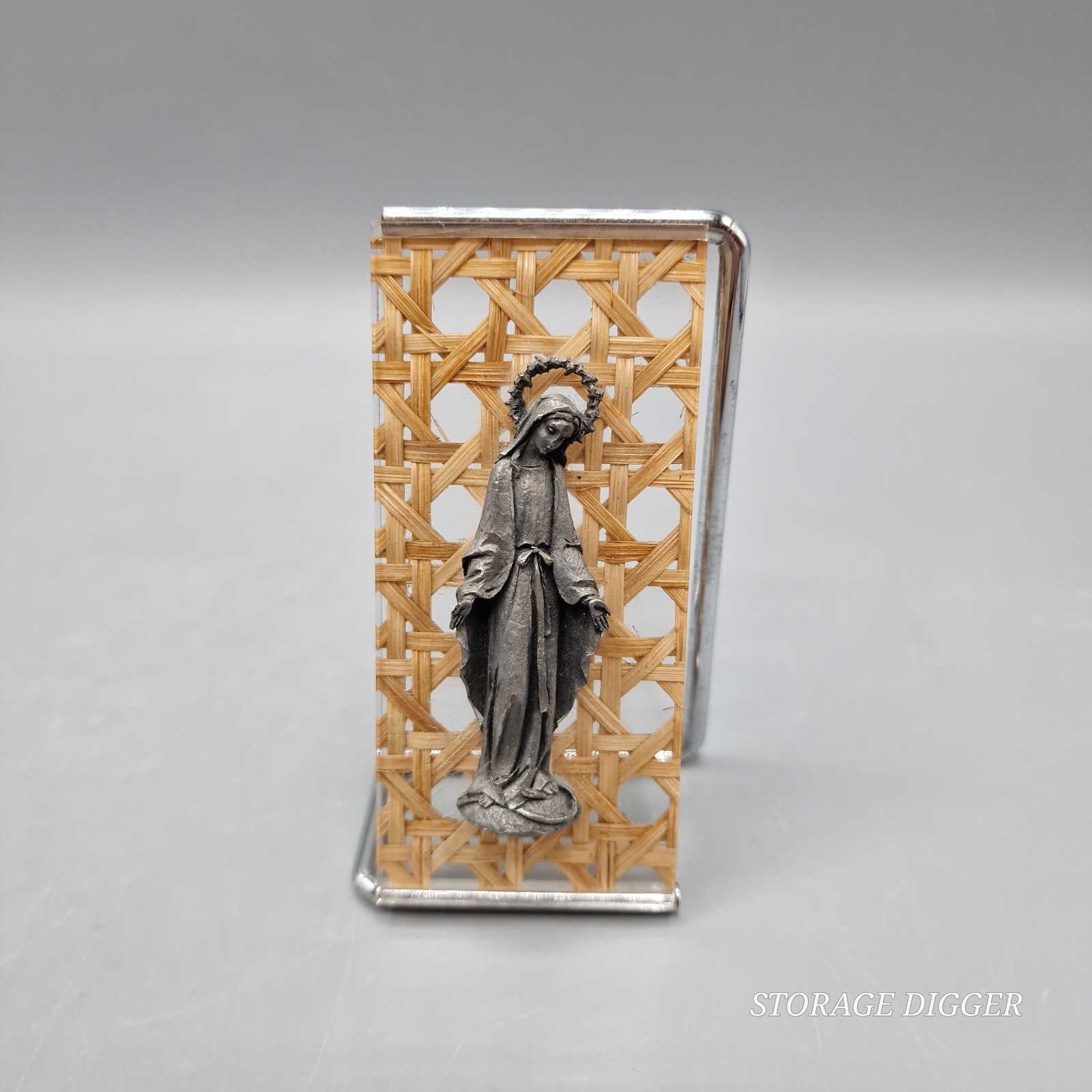 Vintage Virgin Mary Religious Figurine with Woven Bamboo Acrylic Tabletop Decor