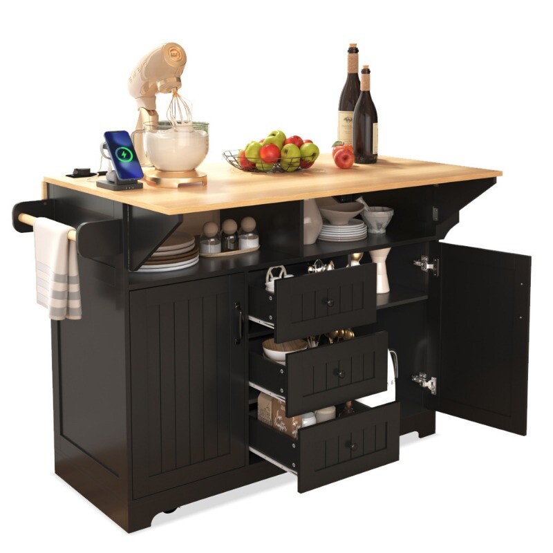 55.7'' Large Kitchen Island with 2 Drop Leaf Rolling Kitchen Cart on 5 Wheels