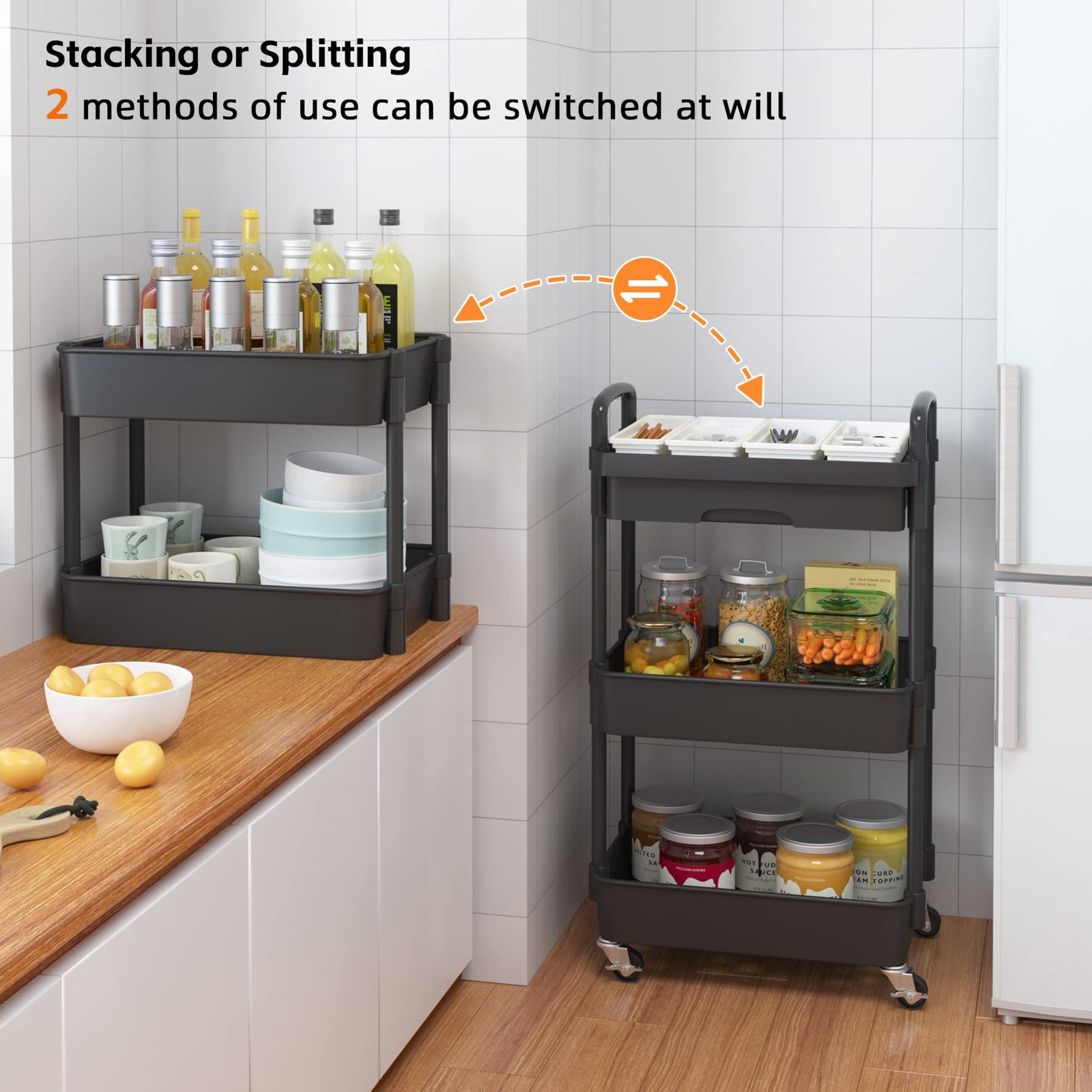 3-Tier Rolling Utility Cart with Drawer,Multifunctional Storage Organizer wit...