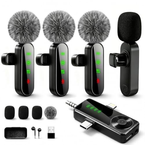 4 Packs Wireless Lavalier Microphone for iPhone/Android/Camera, Upgraded Black