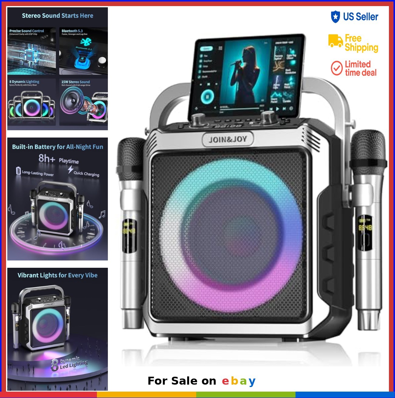 Portable Karaoke Machine 2 Wireless Microphones Bluetooth Speaker LED Lights