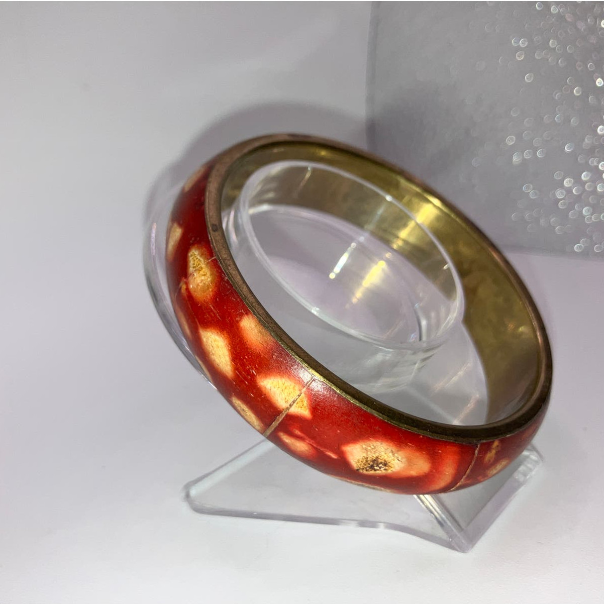 Vintage Maroon Yellow Brown Pattern Wood 3" Bangle Bracelet!