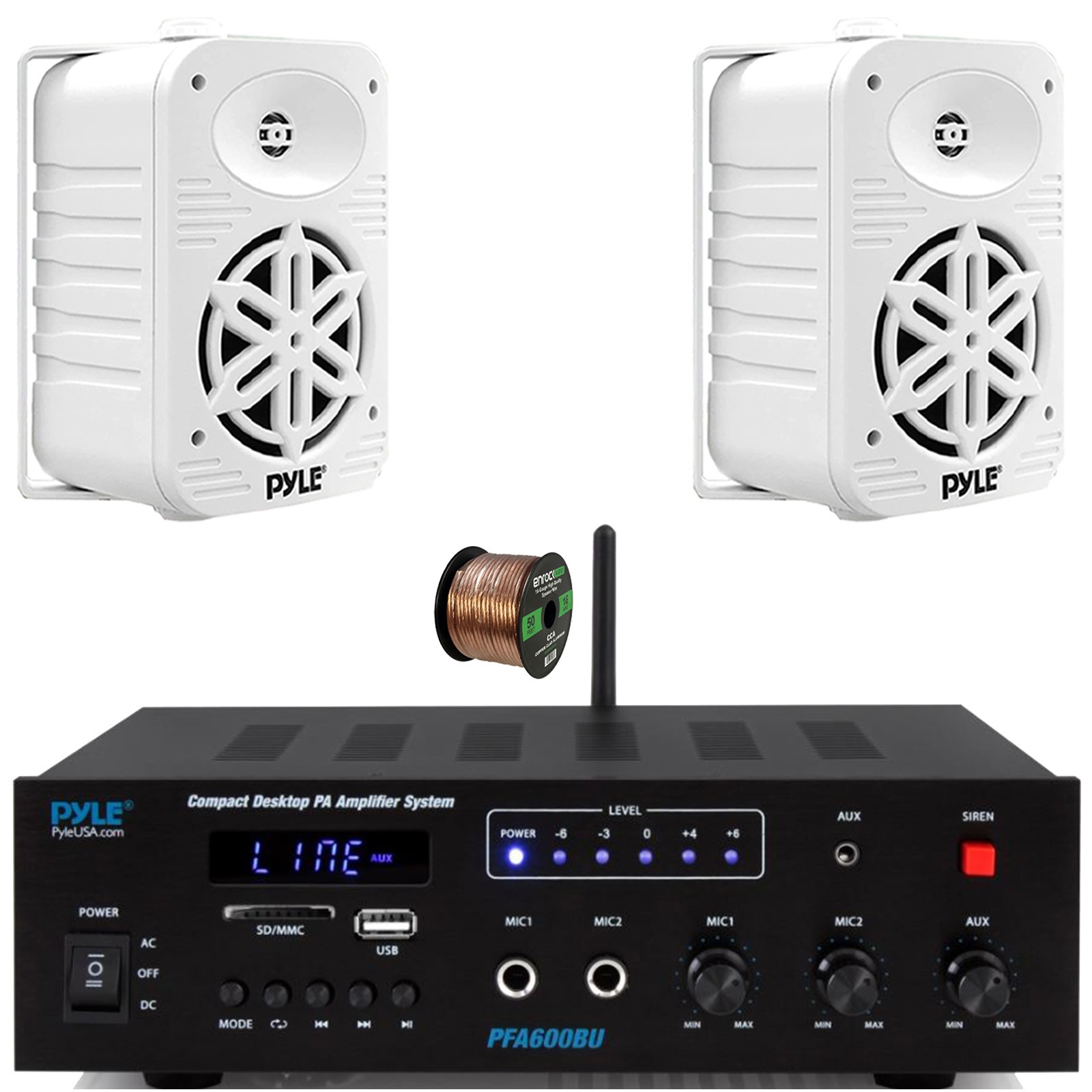 Pyle PFA600BU Bluetooth PA Receiver, 2x 5.25" 500W Indoor/Outdoor Speakers, Wire