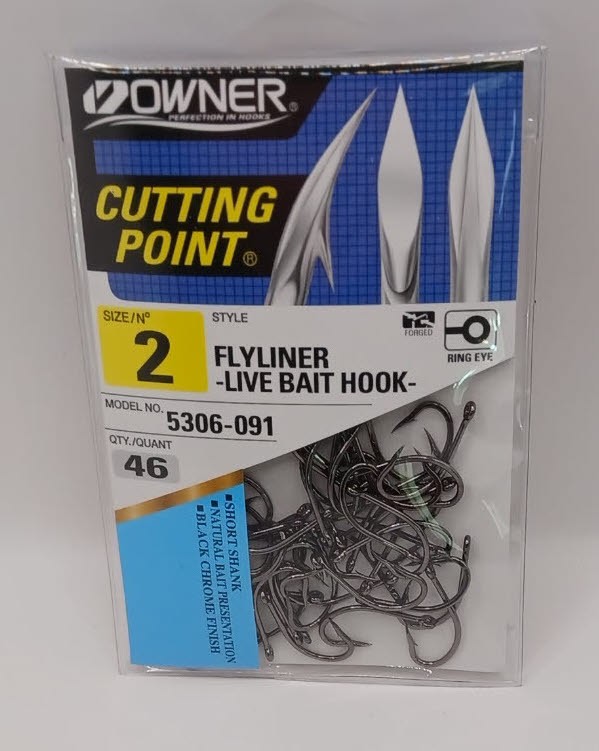 Owner 5306-091 Flyliner Live Bait Hook Welded Ring Black Chrome Size 2 46Ct