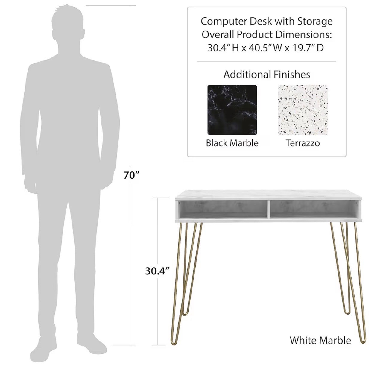 Athena Computer Desk with Storage, White Faux Marble