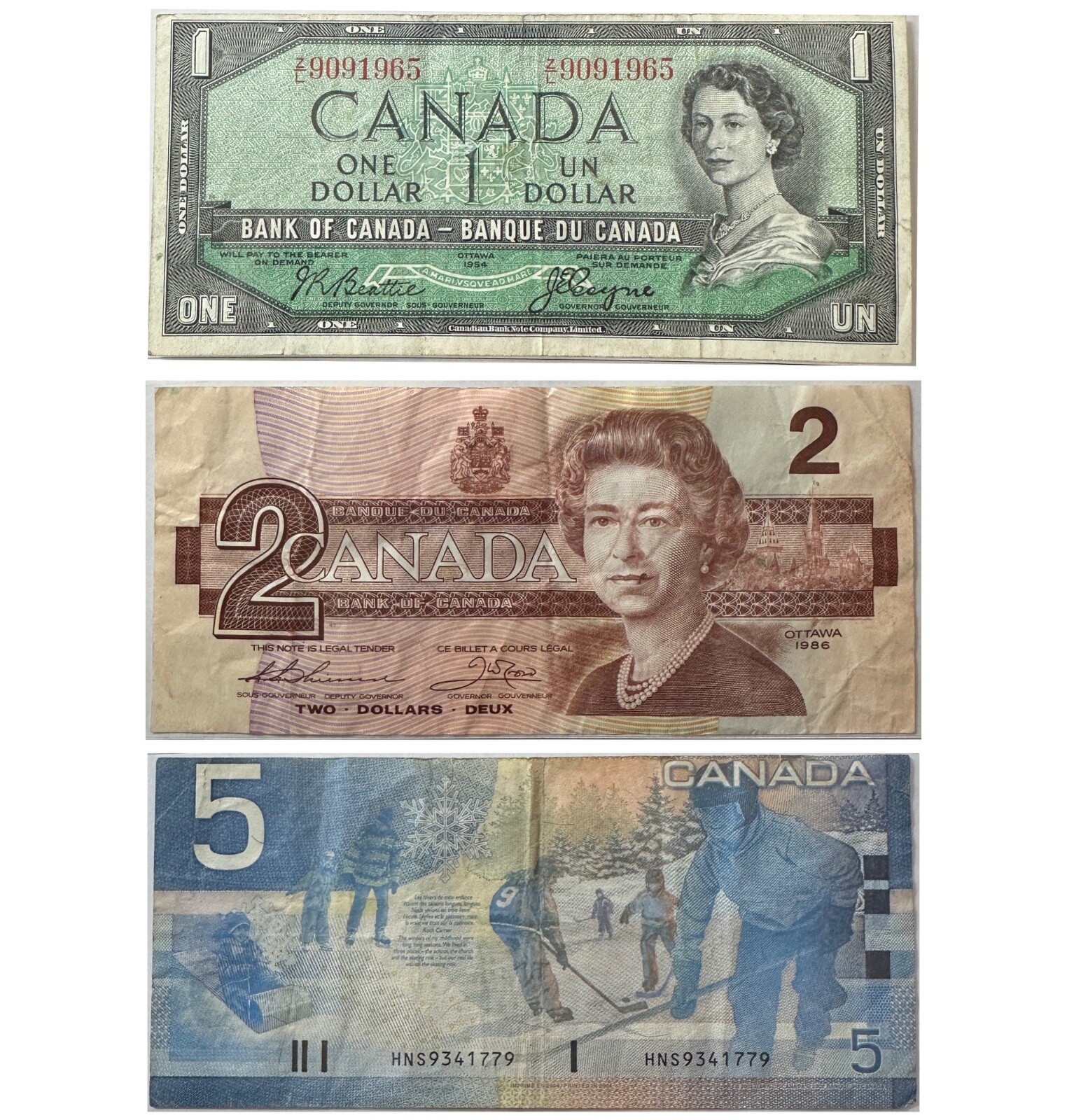 Trio of Canada Banknotes - 1954 Two Dollar, 1986 One Dollar & 2002 Five Dollar