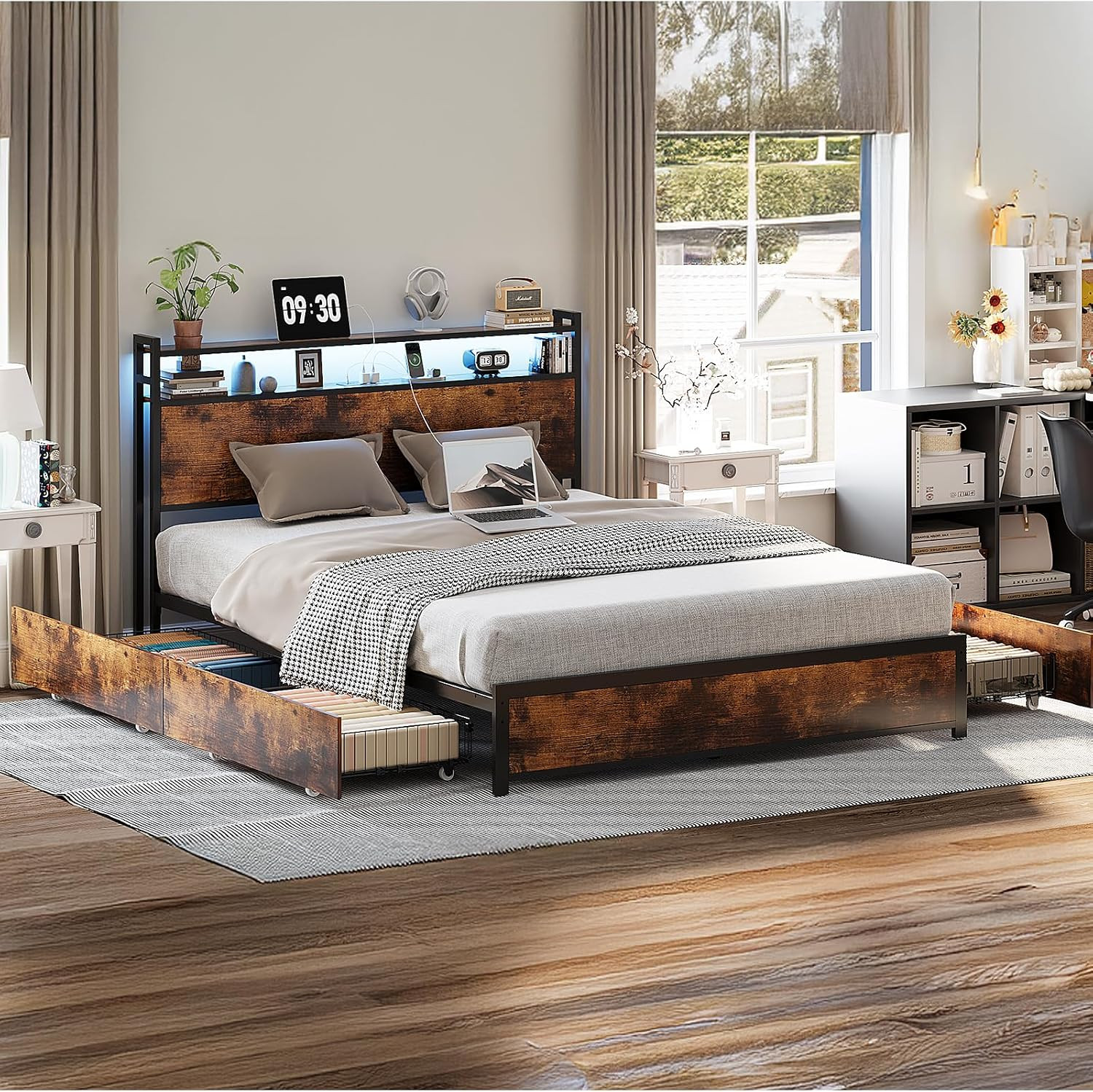 Queen Bed Frame with 4 Storage Drawers and Headboard, Metal Platform Panel Bed w