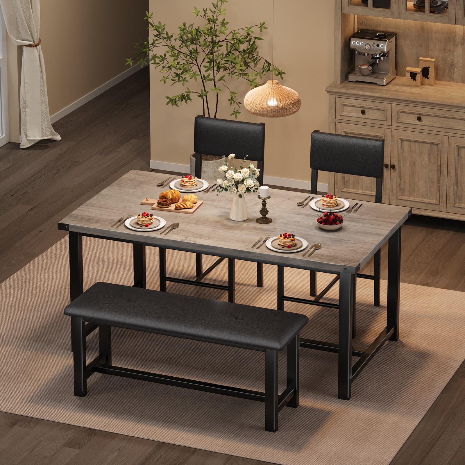 Modern Space-Saving Dining Table Set for 4, Upholstered Bench & 2 Padded Chairs
