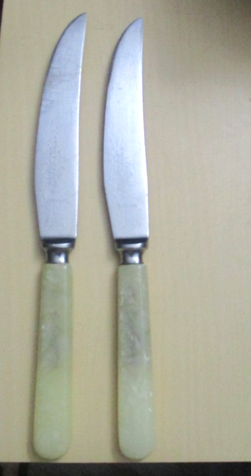 LOT 2 Mutual Hiram Wild Sheffield MOTHER OF PEARL serrated tip knife knives 8"