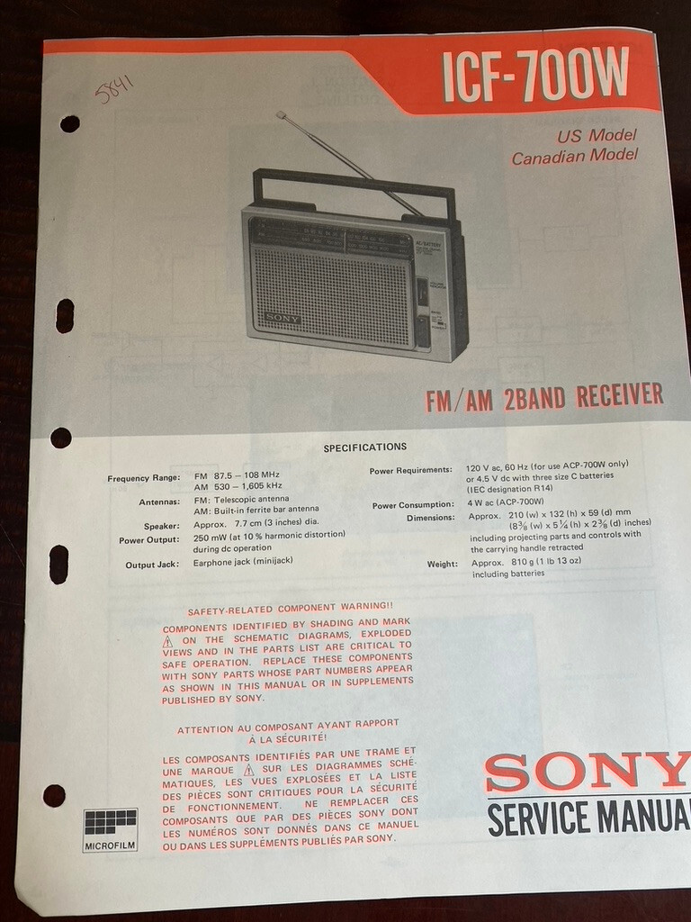 SONY ICF-700W ICF700W Service Manual FROM THE USA **ORIGINAL**